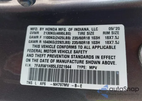 2020 Honda Cr-V 2Wd Ex-L z USA, uszkodzony, nr VIN 7FARW1H85LE021944